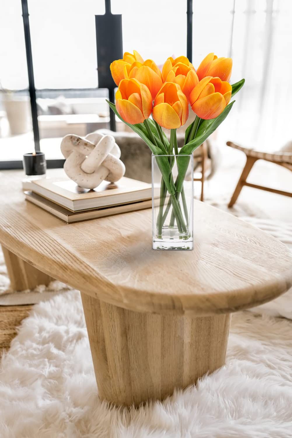 Orange Artificial Tulip Fake Flowers Clear Vase Real Touch Arrangement