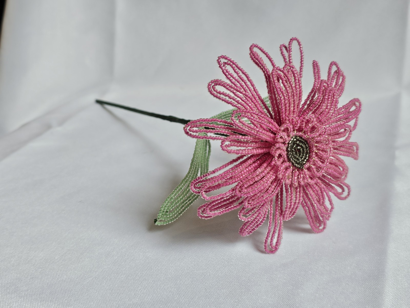 Pink French Beaded Gerbera Daisy – Handmade Heirloom Floral Decor Gift Idea