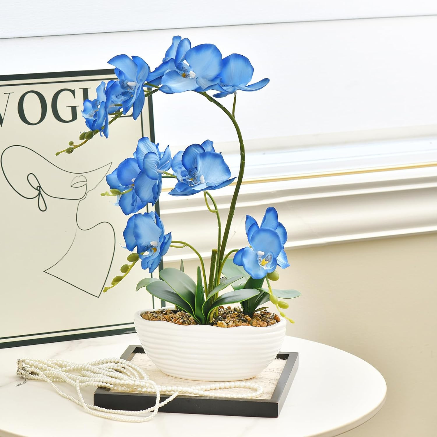 Blue 19″ Faux Phalaenopsis Orchid in Ceramic Pot – Elegant Silk Floral Centerpie