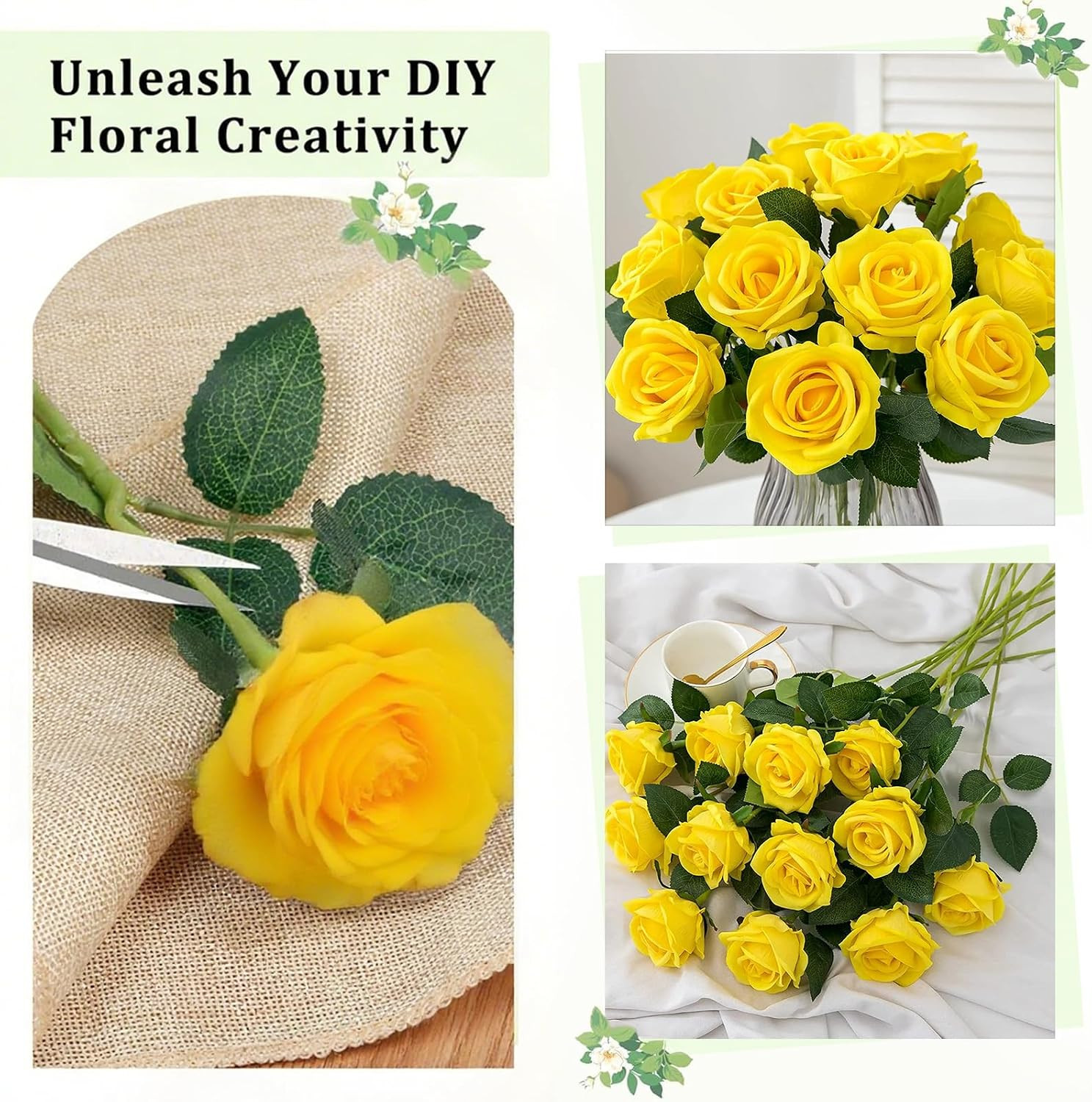 Yellow Roses Artificial Flowers 15 PCS, Fake Roses Silk Flowers with Long Stems