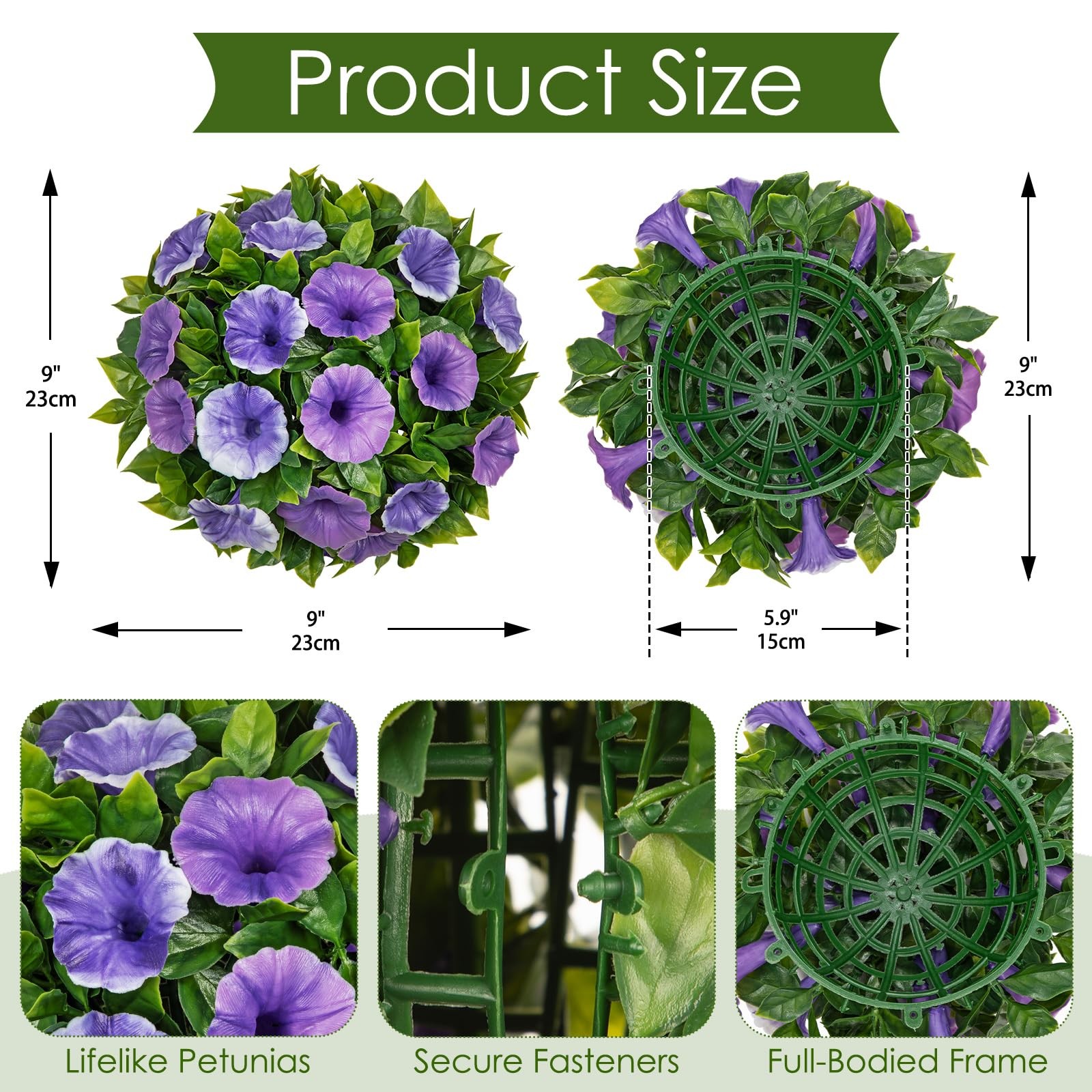 Artificial Petunia Plant Topiary Ball – 9 Inch UV Resistant Faux Purple & Whi…