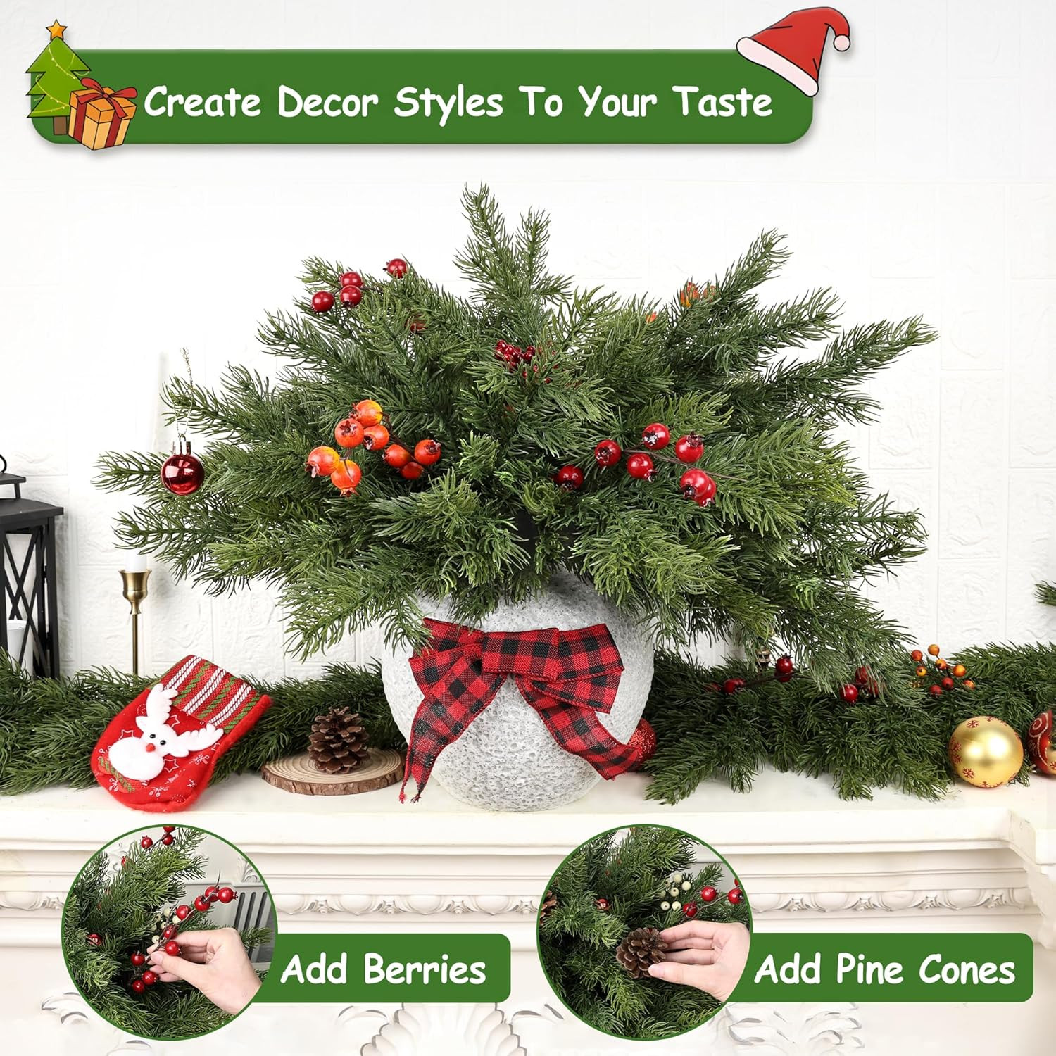 24 Pcs Christmas Pine Branches – 18″ Realistic Artificial Greenery Pine Stems –