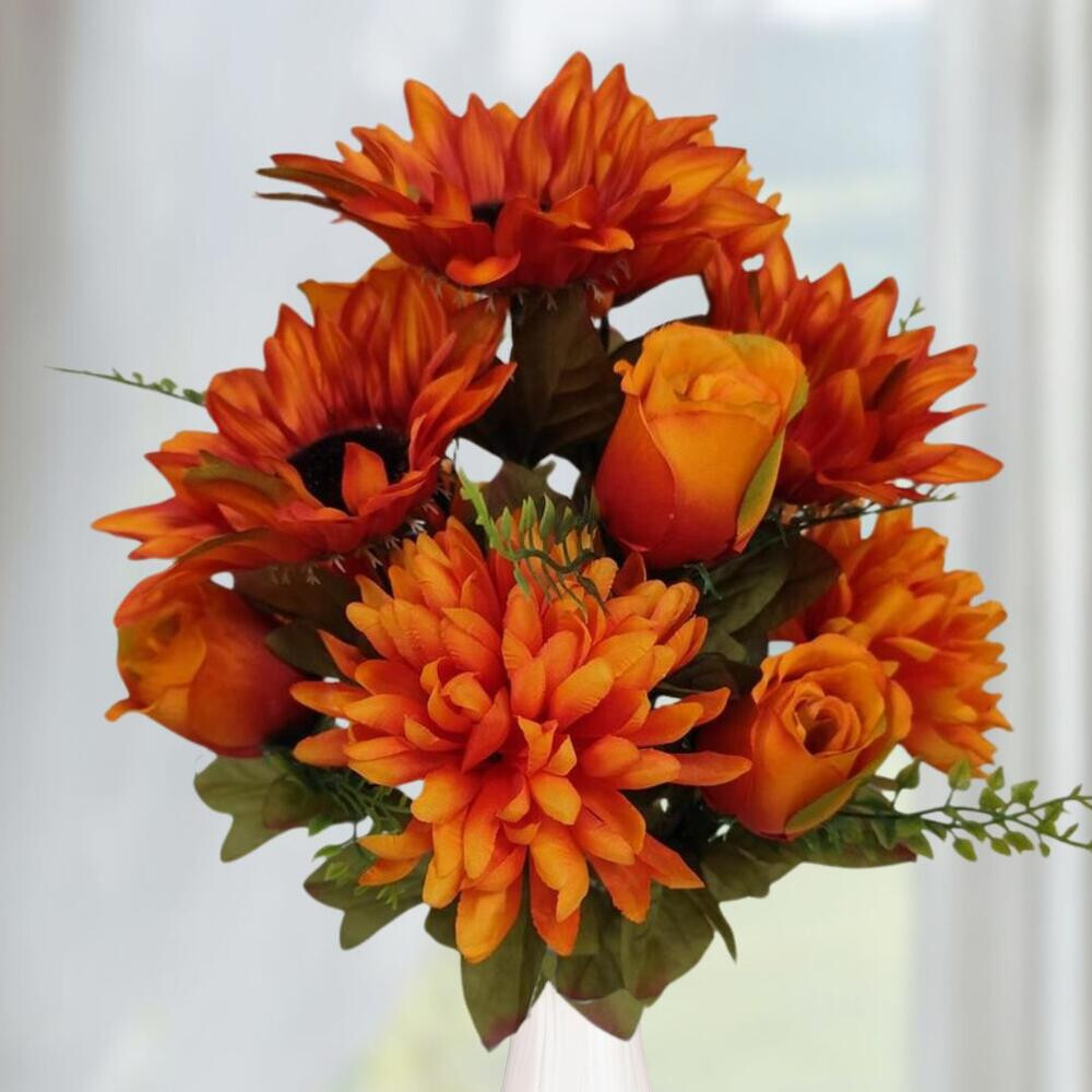 16″ Orange Artificial Mixed Mum, Sunflower & Rose Floral Bush