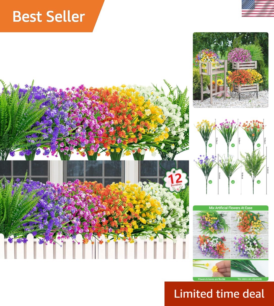 Elegant Artificial Flowers Bundle – 12 Mixed Color UV Resistant Stems for Home