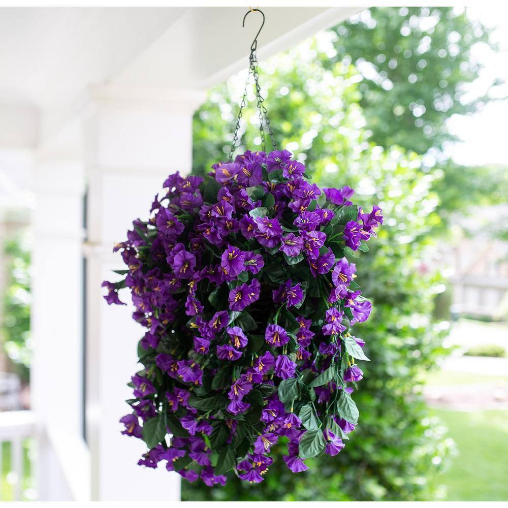 11 In. Artificial Faux Hanging Flowers Plants Basket, Fake Silk Purple Morning G
