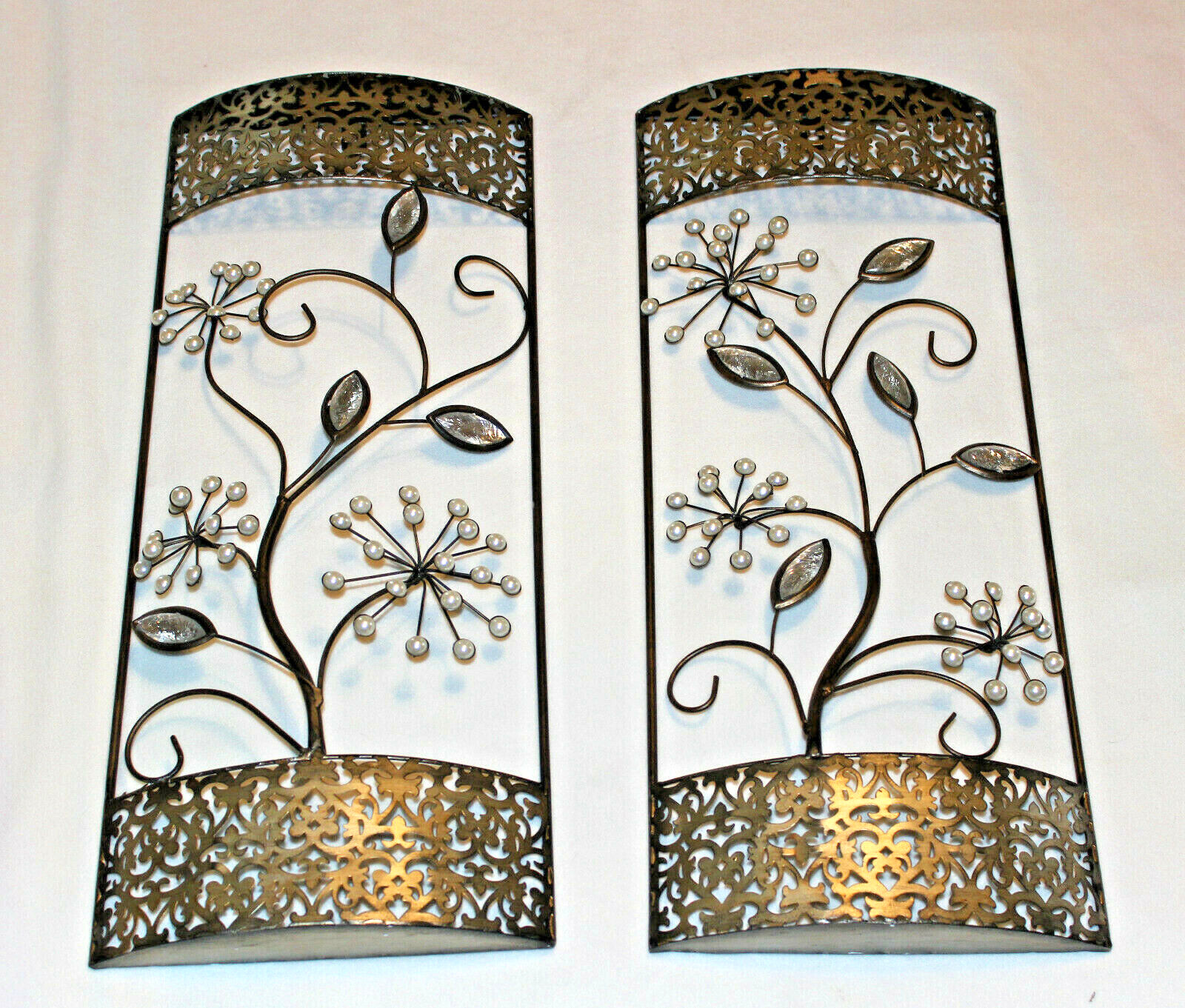 PAIR 24” x 10” x 2” DEEP 3D SILVER BRUSHED METAL FILIGREED FLORAL WALL ART DECOR
