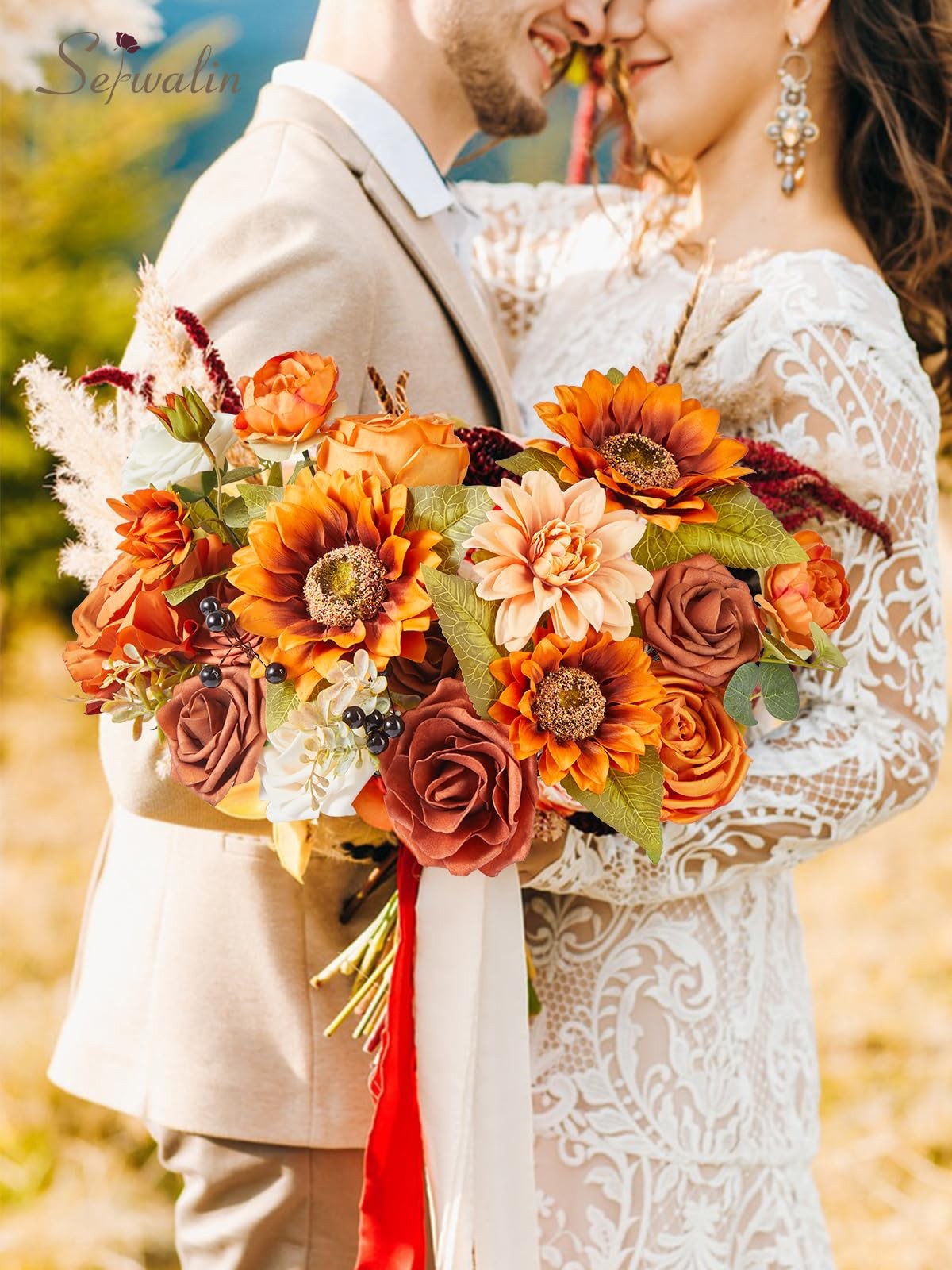 Artificial Sunflower Flowers Burnt Orange Fall Decor DIY Wedding Bouquet