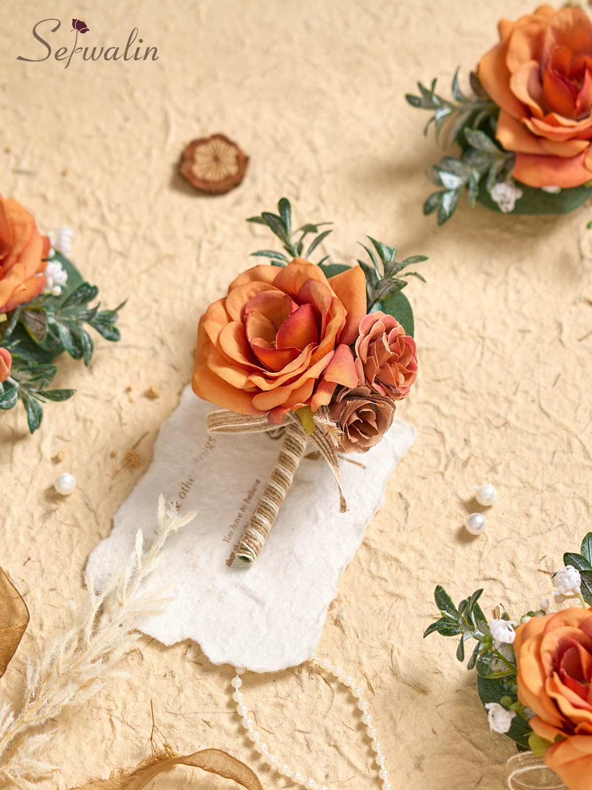 6PCS Orange Rose Boutonniere for Men Wedding Groom Groomsmen Best Man Boutonn…