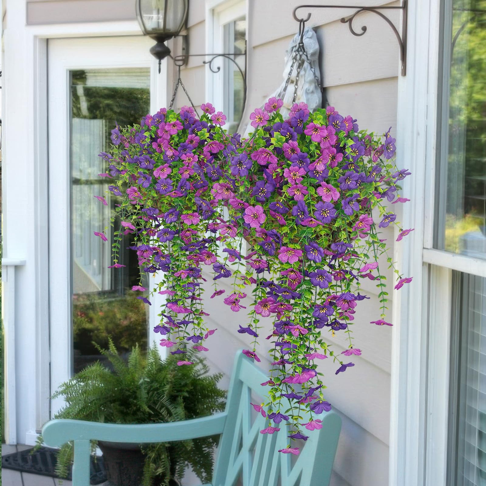 GhuaH 3 Pcs Artificial Hanging Flowers for Outdoors Spring Summer Purple Faux…