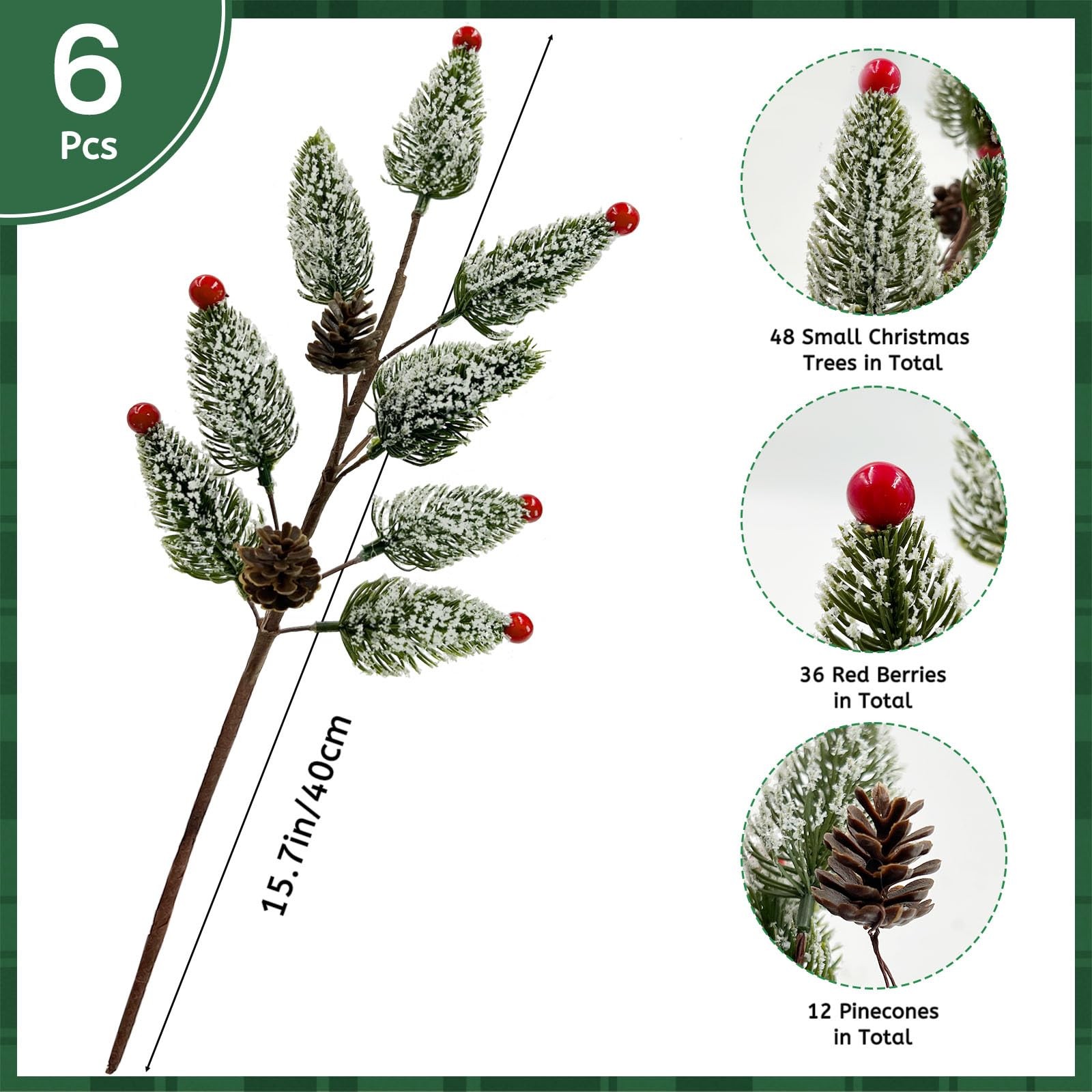 6PCS Frosted Norfolk Pine Stems with Mini Christmas Tree Shaped Needles, 15.7…