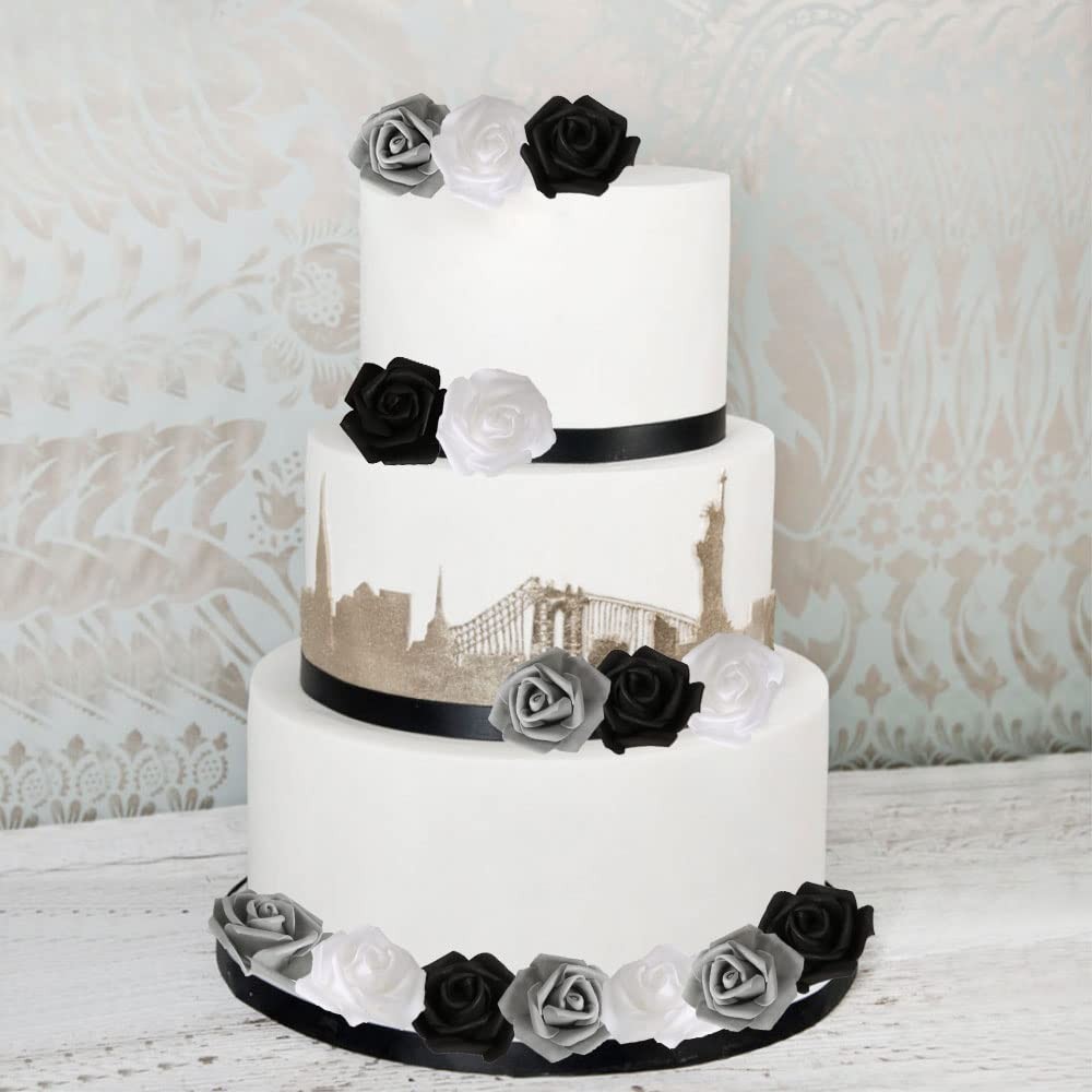 100pcs Black Roses Artificial Flowers,3inch White Foam Fake Rose Heads Stemle…