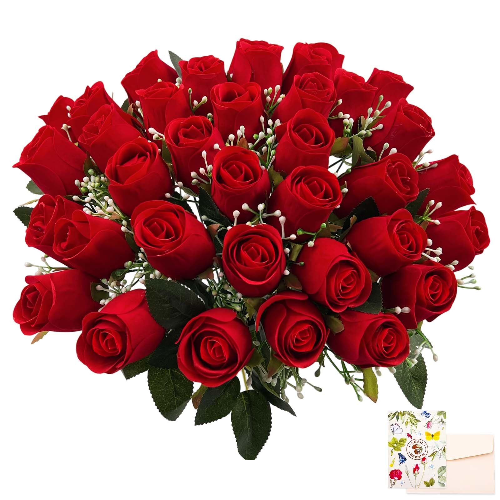 36 Blooms Velvet Artificial Roses, 2 Bouquets Red Roses Faux Silk Flowers for…