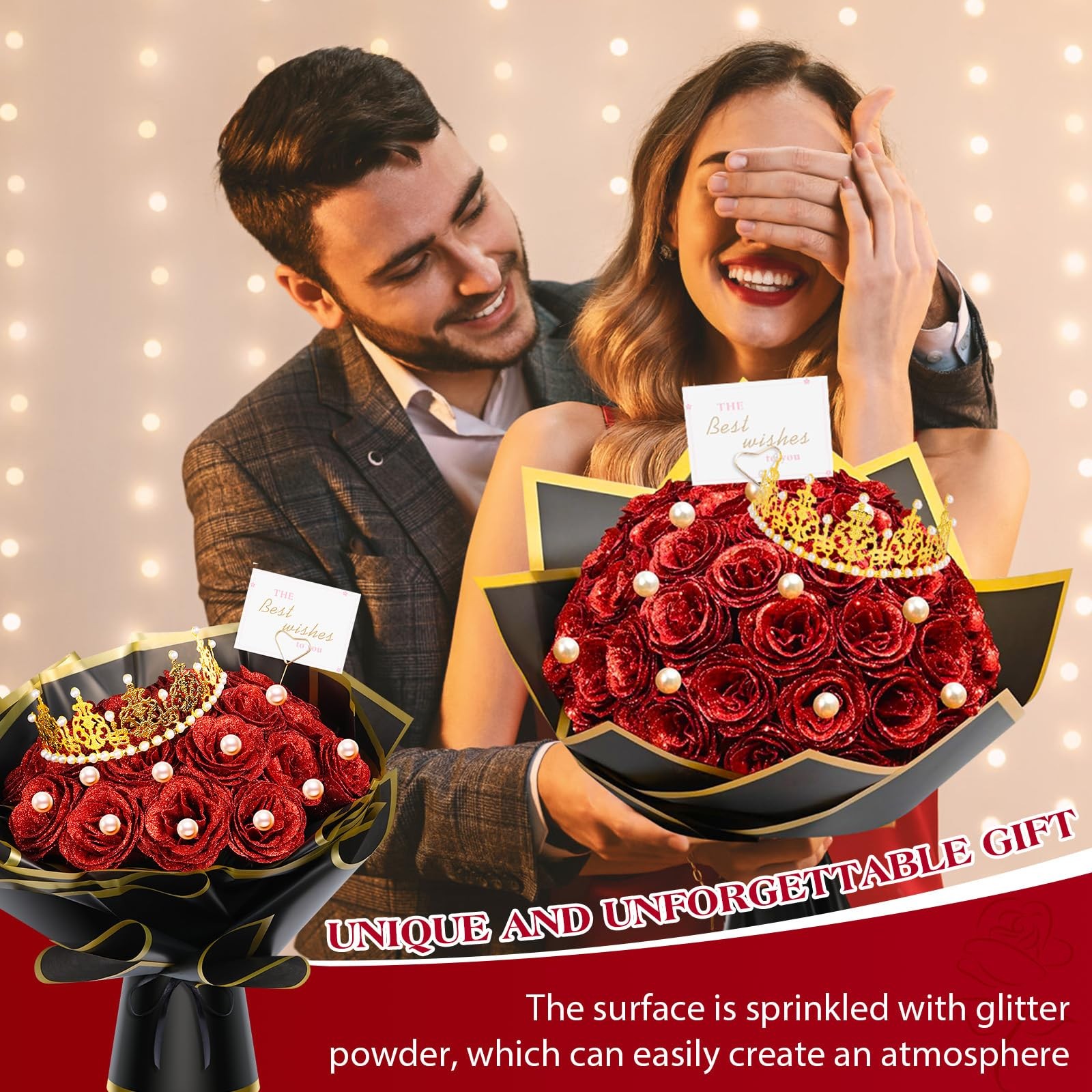 Glitter Roses Bouquet Red Roses Artificial Flowers with Flower Wrapping Paper…