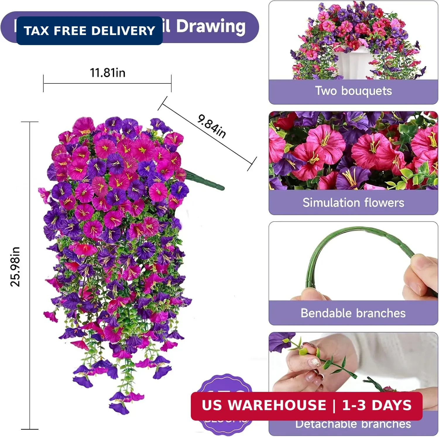 Artificial Hanging Flowers for Outdoors, 2 PCS 300 Blooms UV Resistant Morning G