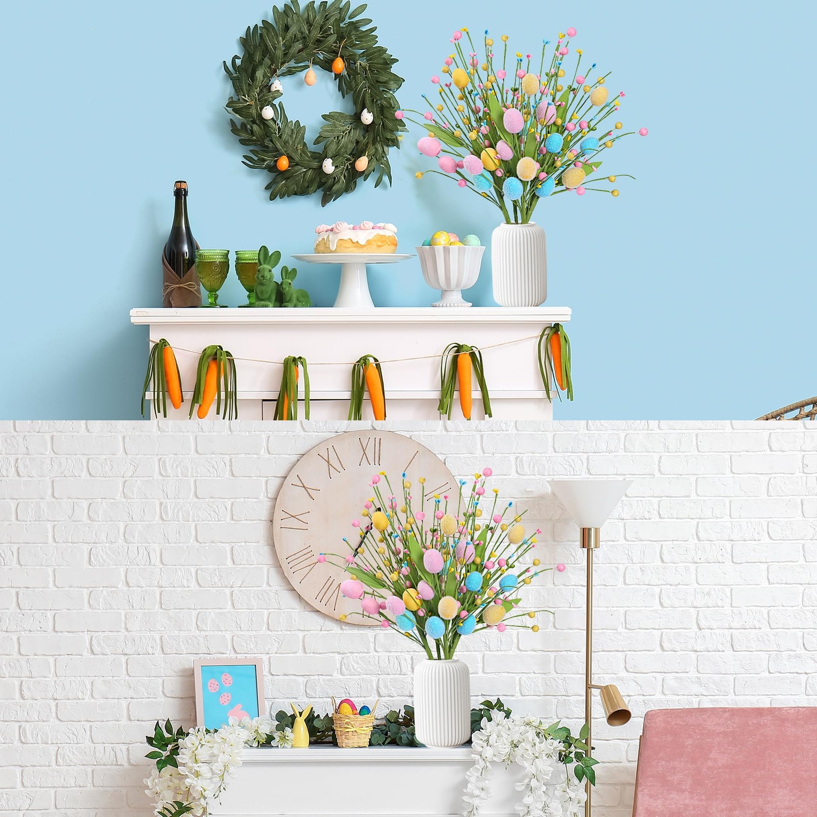 Artificial Easter Stems 6 Pcs Spring Egg Picks with Colorful Eggs Berries Gre…