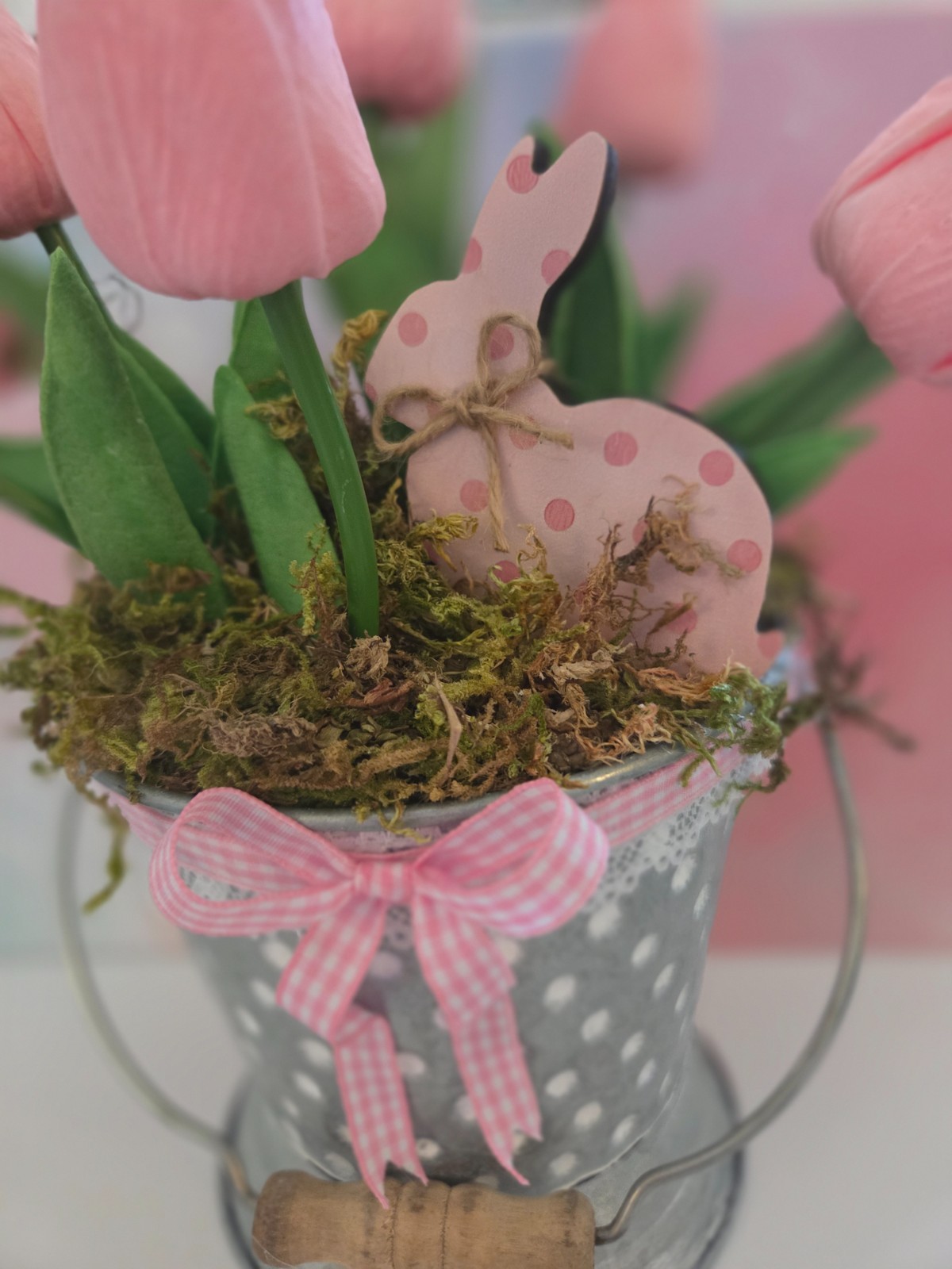 Cottagecore Pink Tulip Arrangement/Easter Bunny Decor/Spring Farmhouse