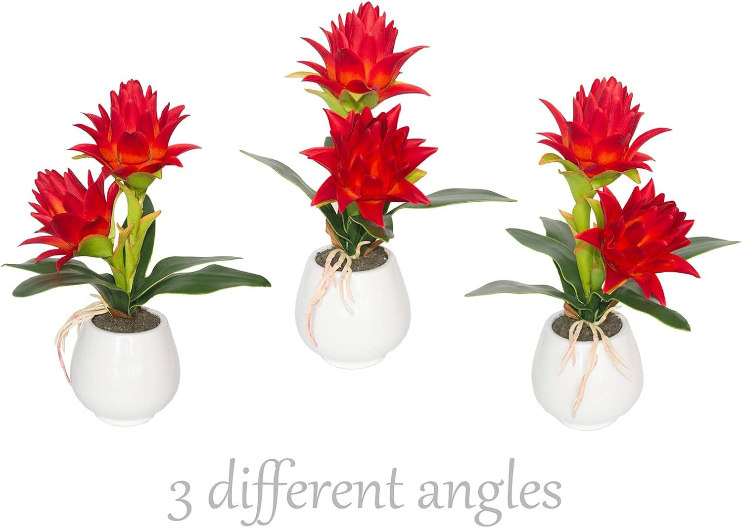 Red Bromeliad Faux Plant in Vase – 13.4 Inch Tropical Home Decor