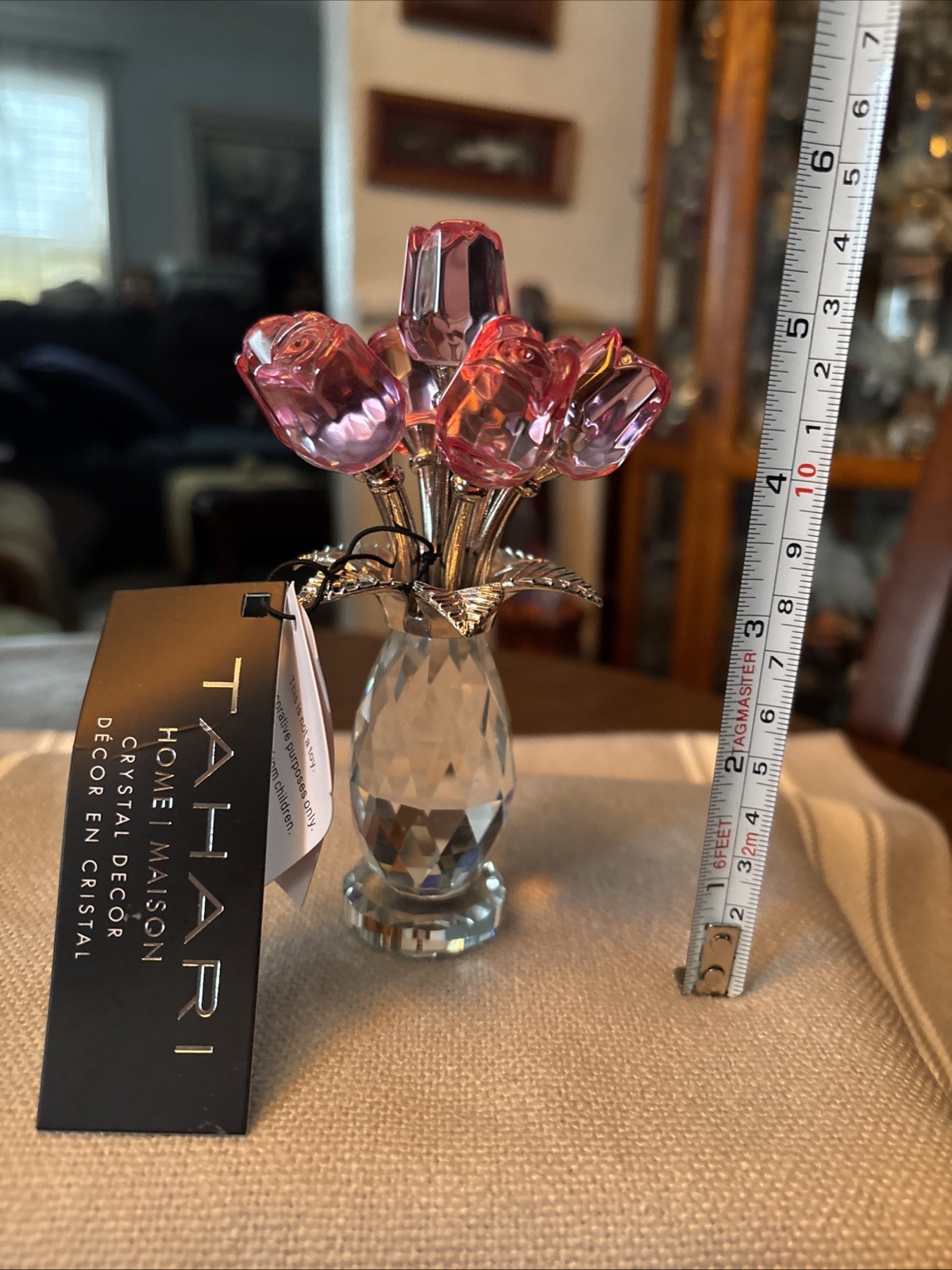 Keepsake Pink 7 Roses Glass Bouquet/Crystal Vase Slv Plated Stems New! See Pics