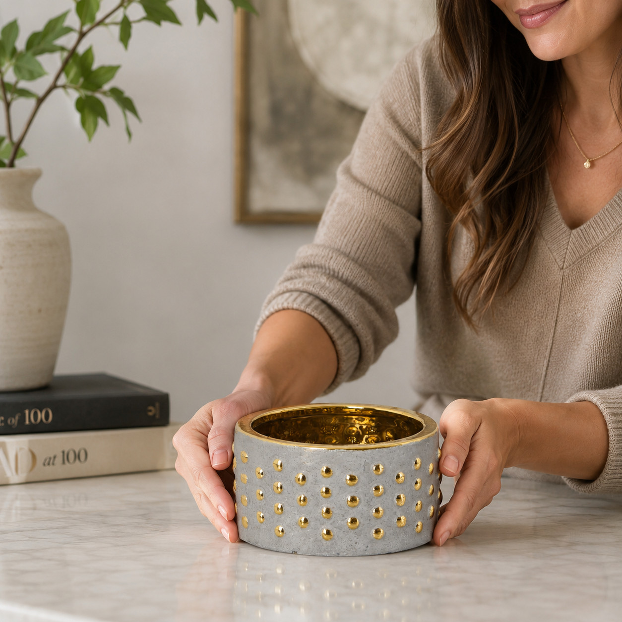 6.75″ Regal Stone Hobnail Planter with Gold Accents