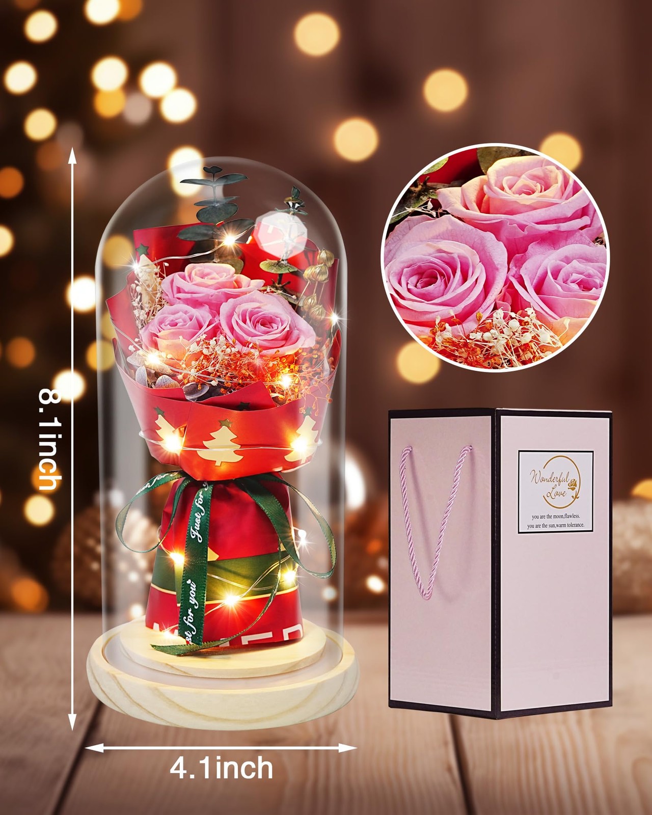 HVY Preserved Flowers in Glass for Her,Pink Real Rose Bouquet with LED Light,Ete