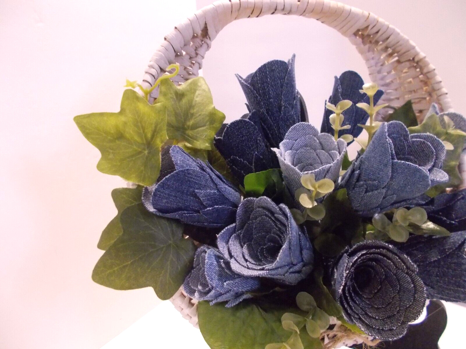 Handcrafted Wall Pocket Basket with 12 Denim Roses – Western Denim Rustic Decor