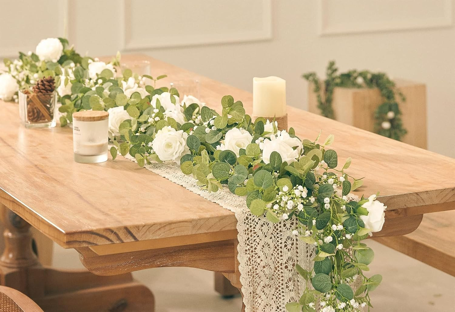 2PCS 5.91FT Artificial Eucalyptus Garland with Flowers, Fake Rose Gypsophila Gar
