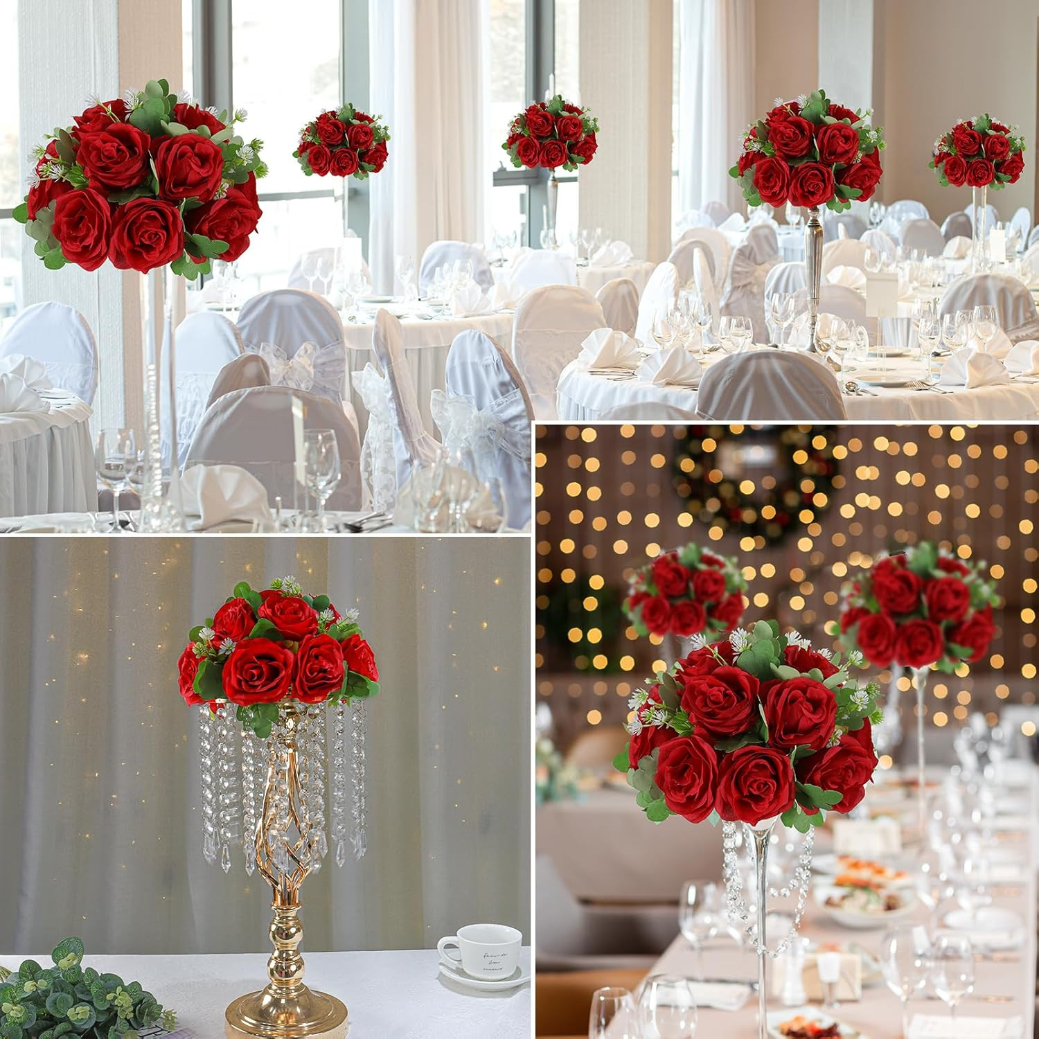 Red Rose Silk Flower Ball Centerpieces – 10 Pack for Weddings & Events