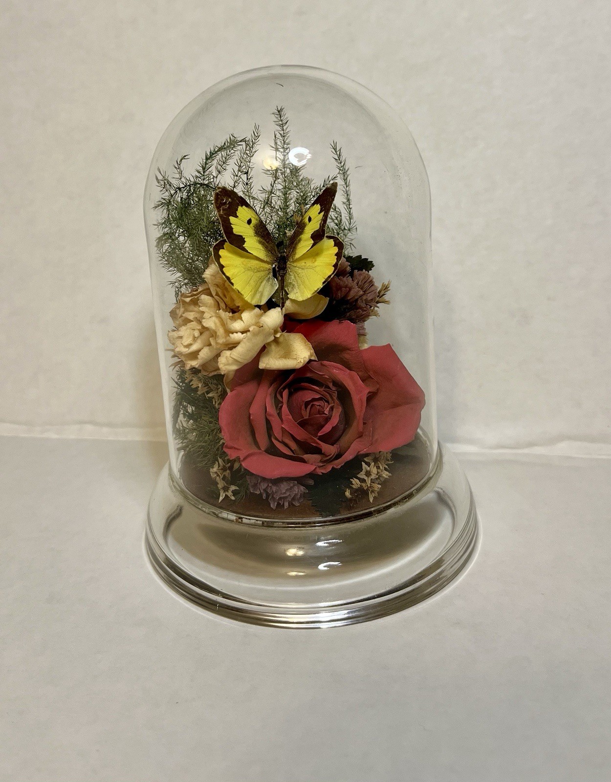 Vintage 90s Natural Expressions Dried Roses Butterfly Glass Terrarium Grannycore