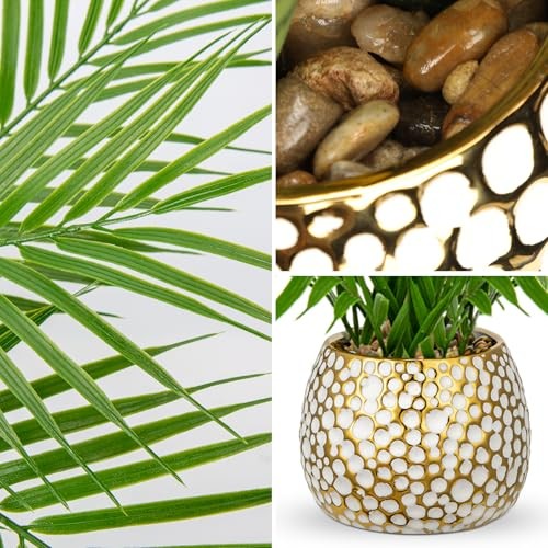 Fake Plants 15” Faux Palm Plant in Gold-White Pot Realistic Artificial
