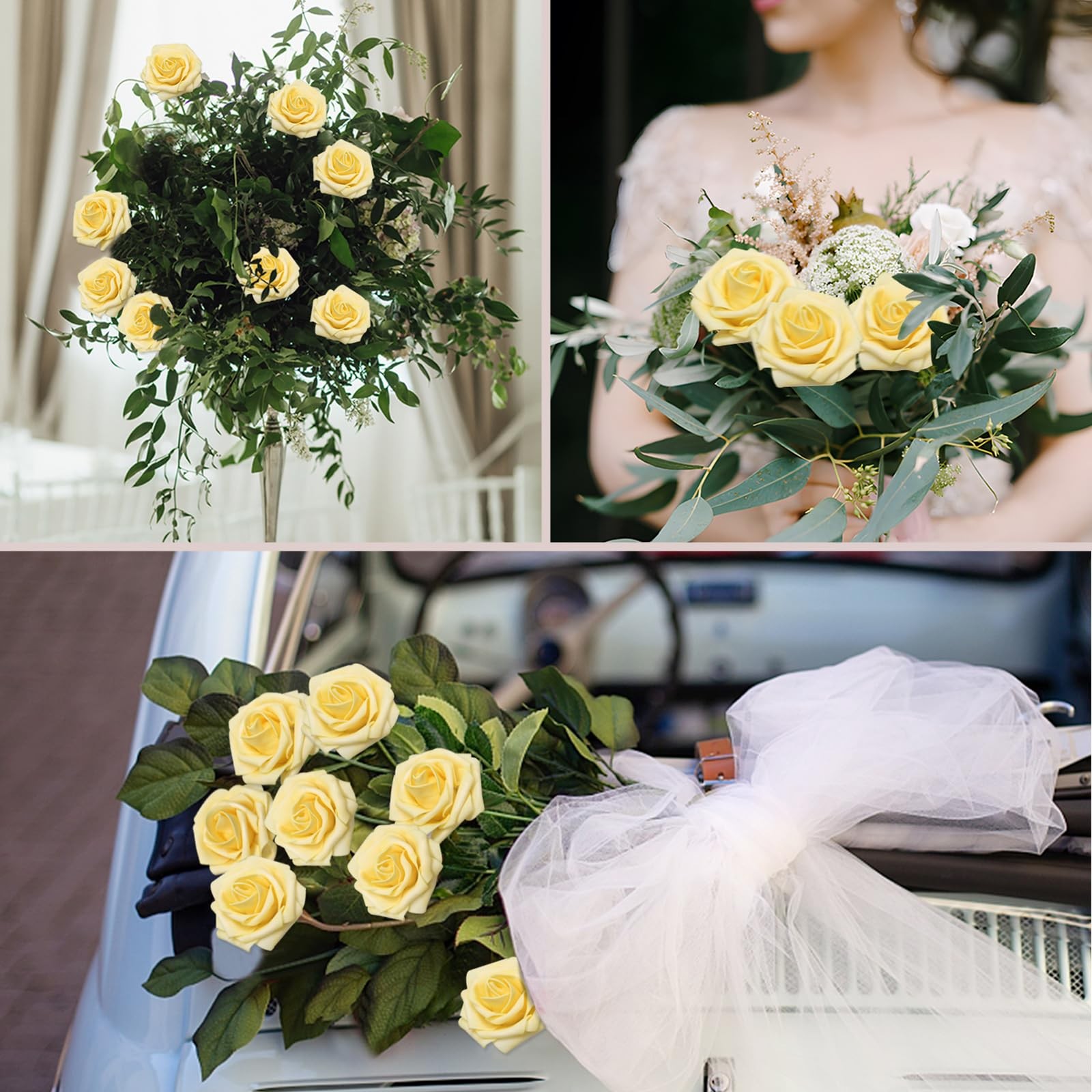 Creamy Yellow Foam Fake Roses Artificial Flowers Wedding Bridal 100 PCS