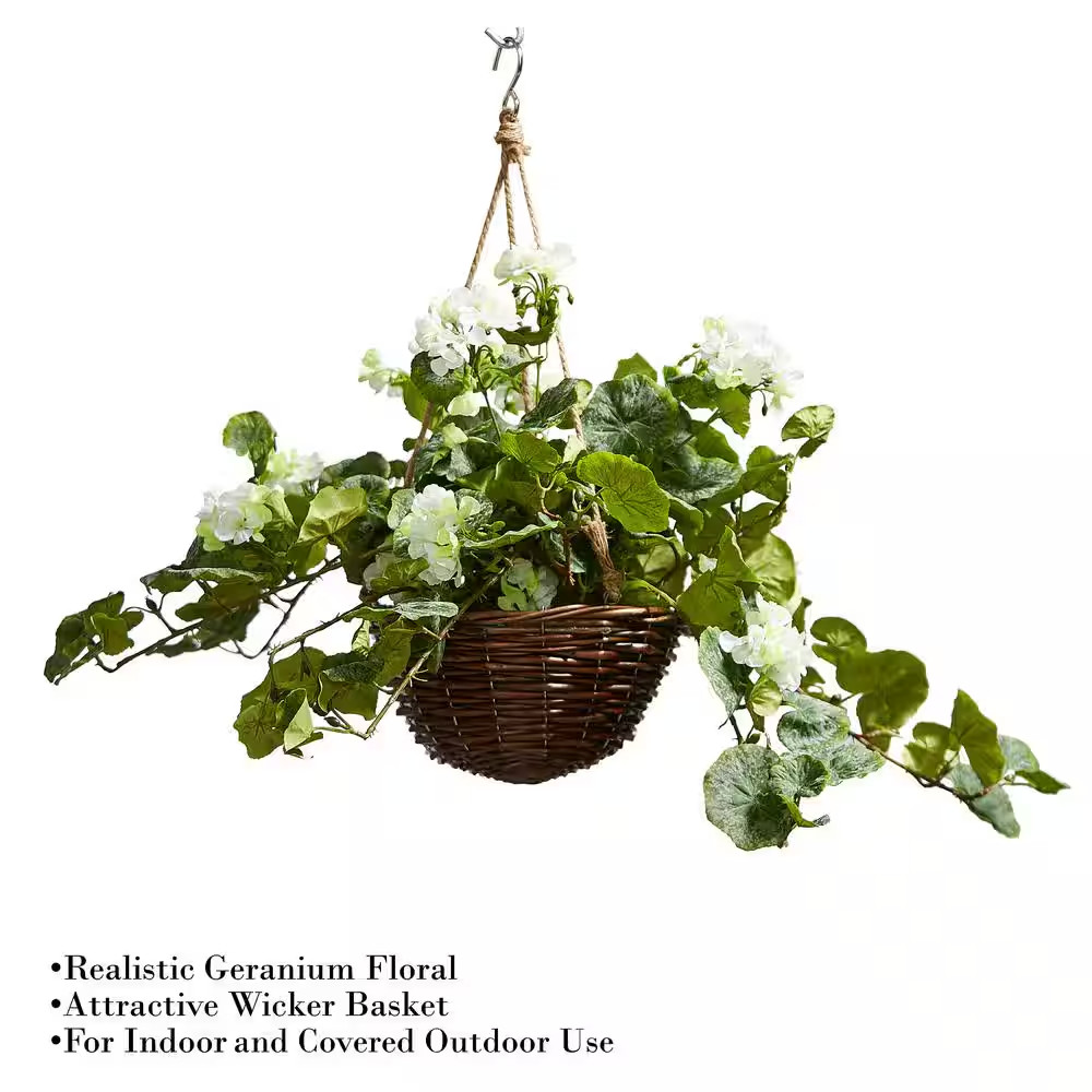 White Artificial Geranium Flower Arrangement with Hanging Basket