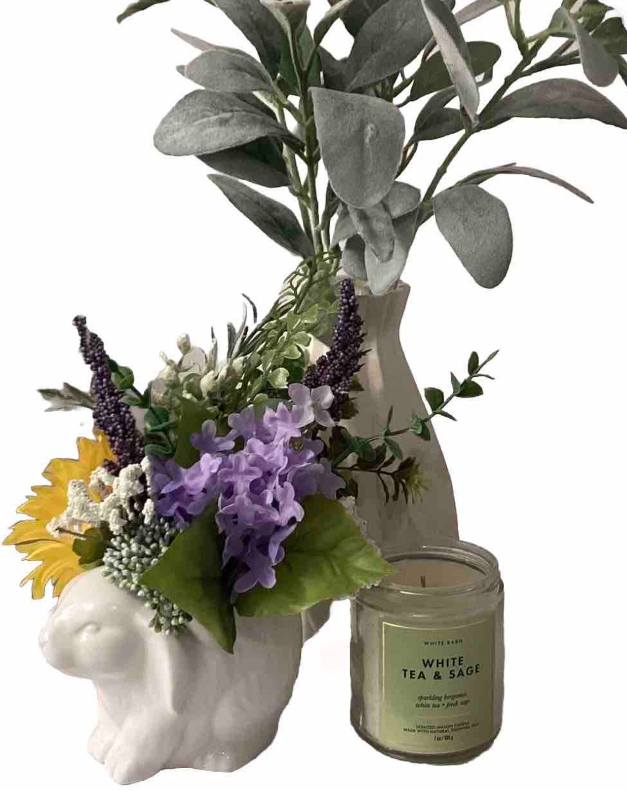 Cottage Ceramic Bunny Floral Decor “French Countryside” Sunflowers & Lavender
