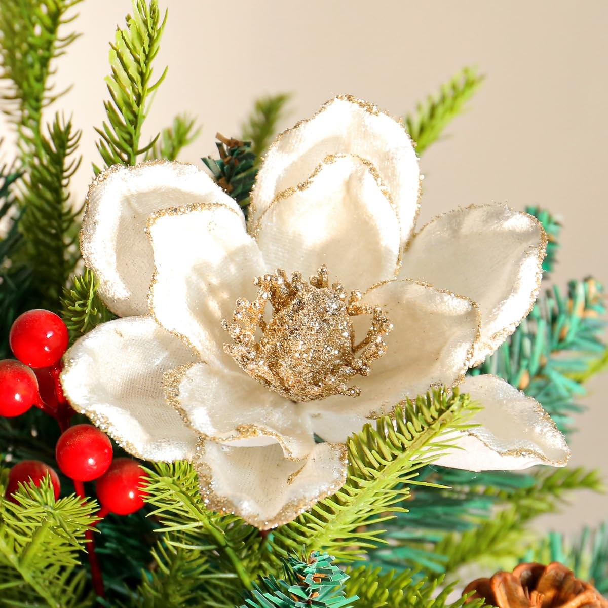 10 PCS Glitter Artificial Flower Christmas Tree Wreath DIY White A