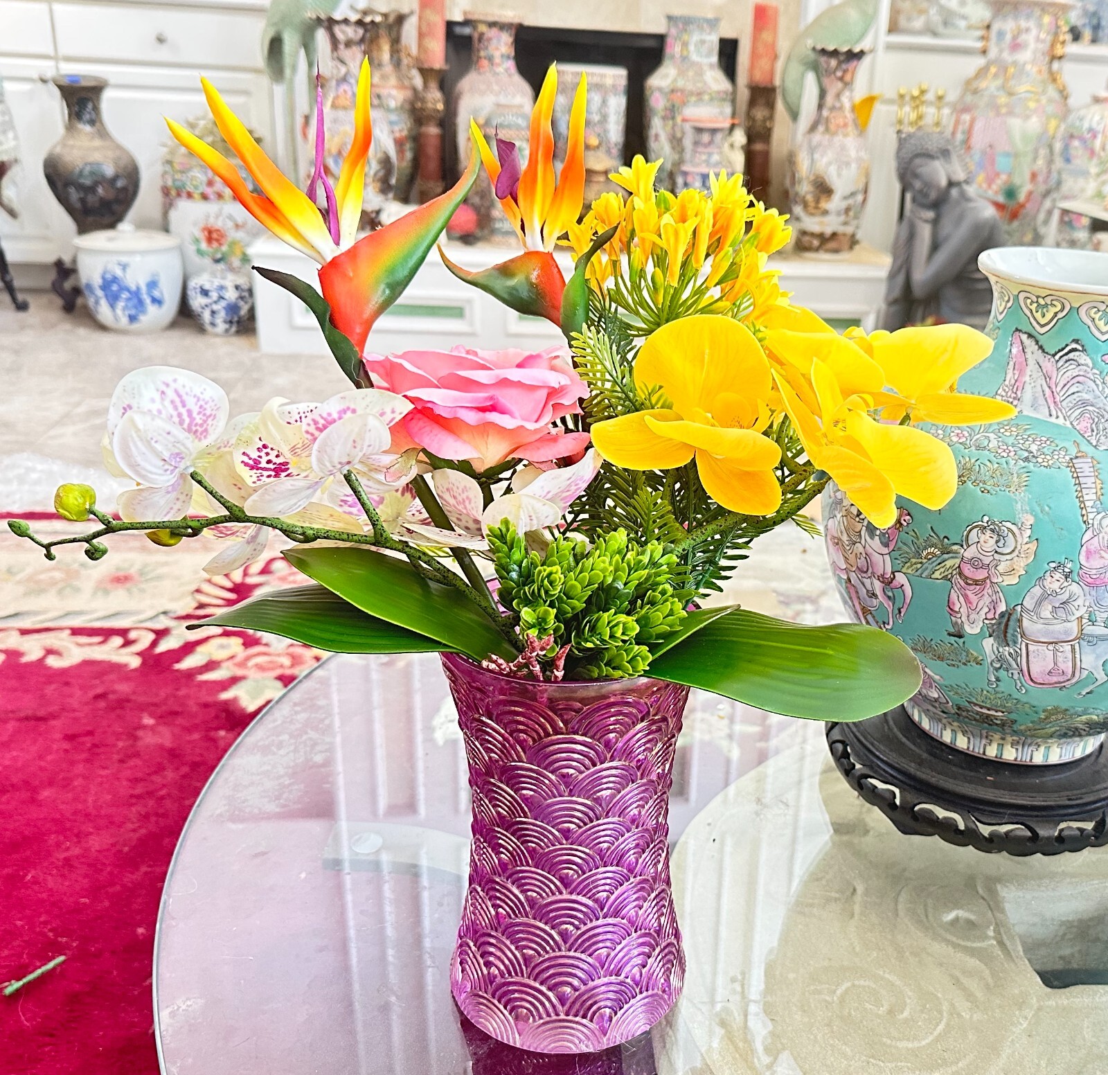 Floral Arrangement with Multi-Colored Silk Flowers in Purple MCM Vase