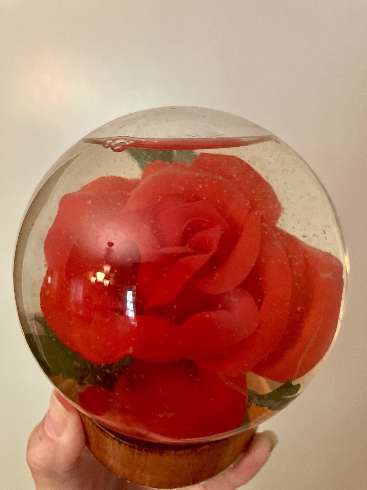Vintage Preserved Faux Red Flower Rose in Glass Water Dome Globe Wood Pedestal
