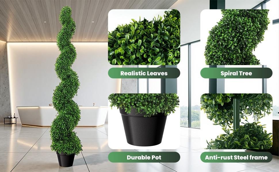 2 Pcs 5FT Artificial Boxwood Spiral Topiary Trees PE Faux Topiary Trees