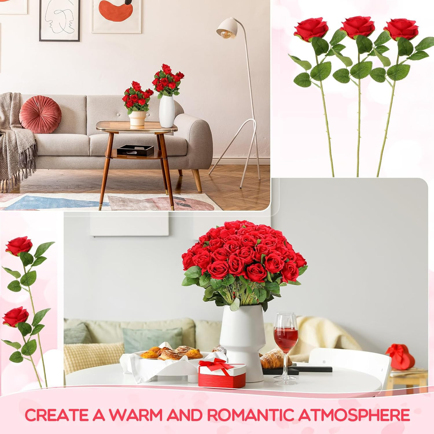 500 Pcs Red Silk Roses with Long Stem for Wedding, Home, Party Decor