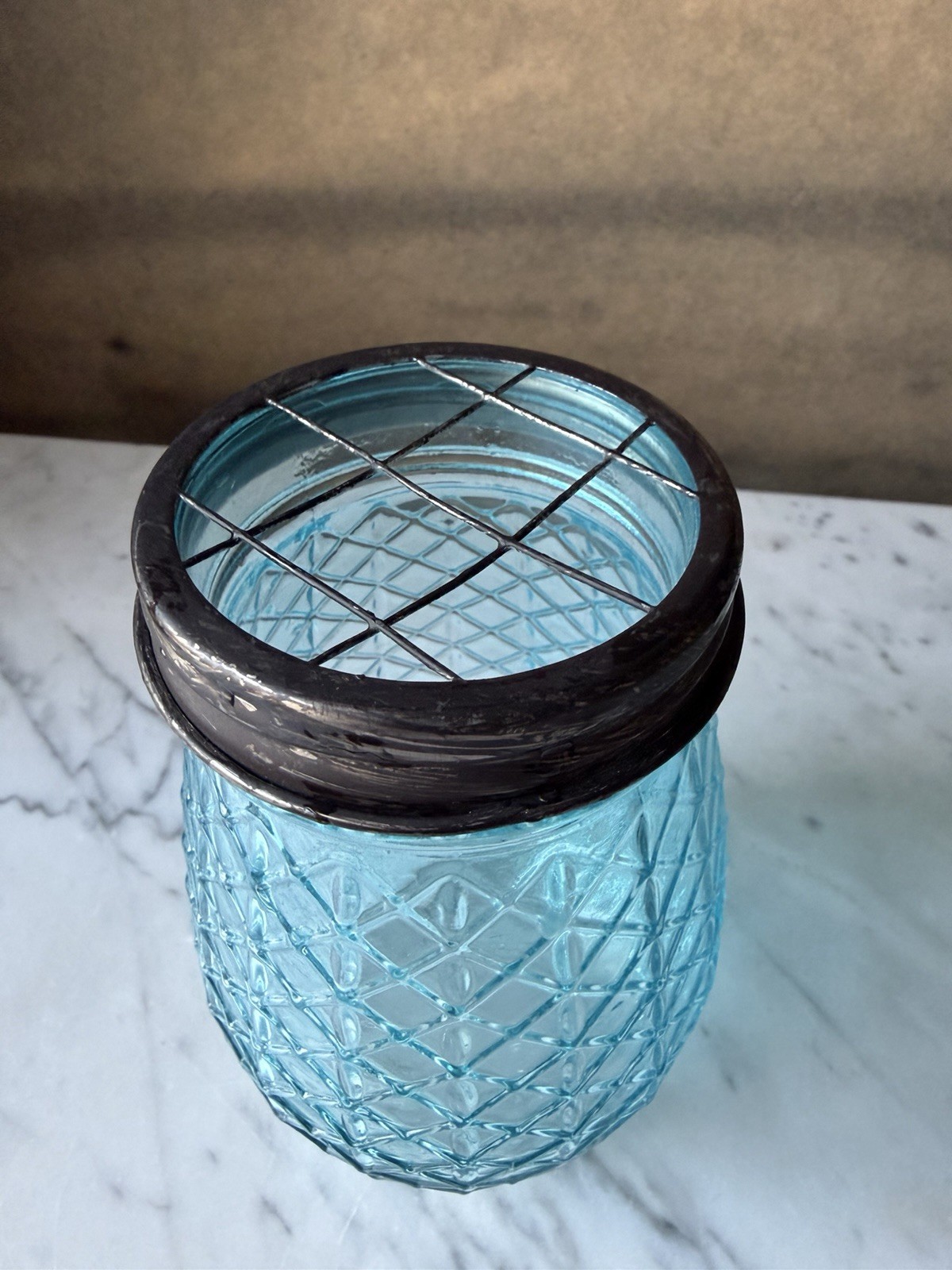 Vintage Style Blue Glass Flower Jar with Galvanized Floral Grid Lid, 5.4″