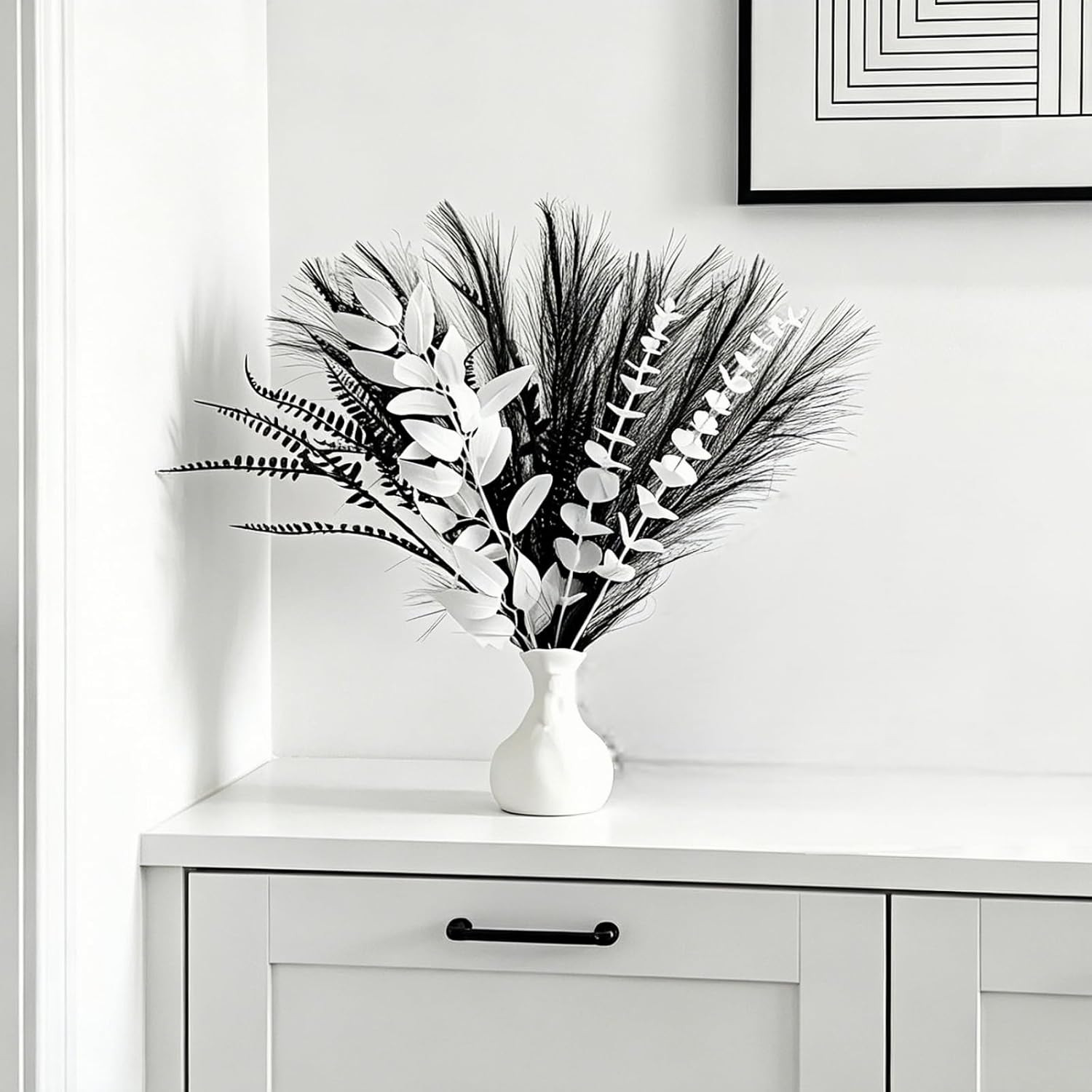 Black and White Artificial Bouquet – 17″ Eucalyptus Leaves and Pampas Grass, for