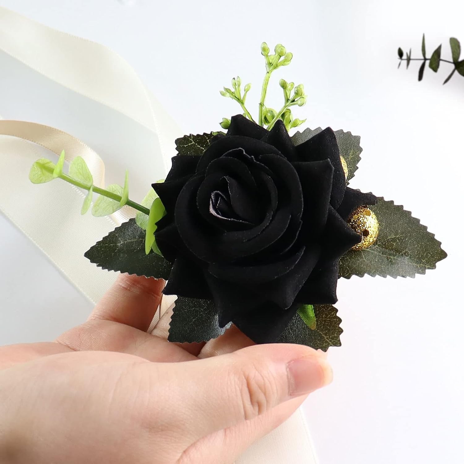 Black Corsage and Boutonniere Set Artificial Rose Flower Wedding Wrist Corsag…