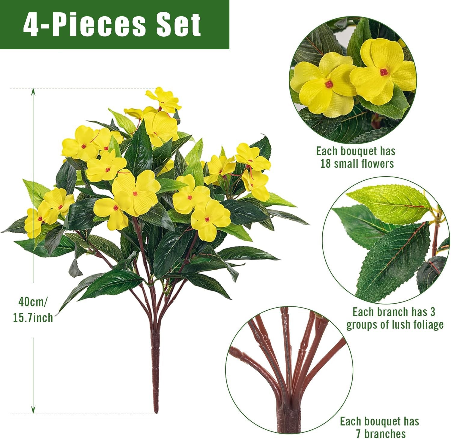 4 Pcs Artificial Impatiens Fake Flowers Bouquet for Outdoor Decor UV Resistan…