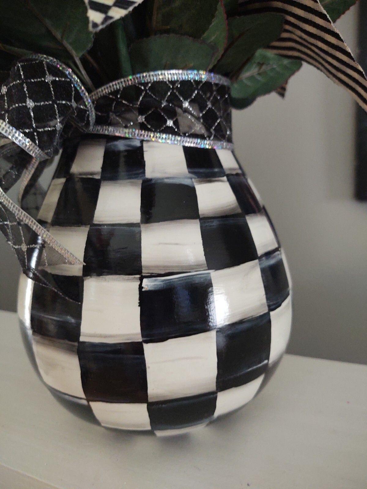 MY OWN HP Whimsical Vase & Red Rose Flowers w/ Designer Check Ribbon