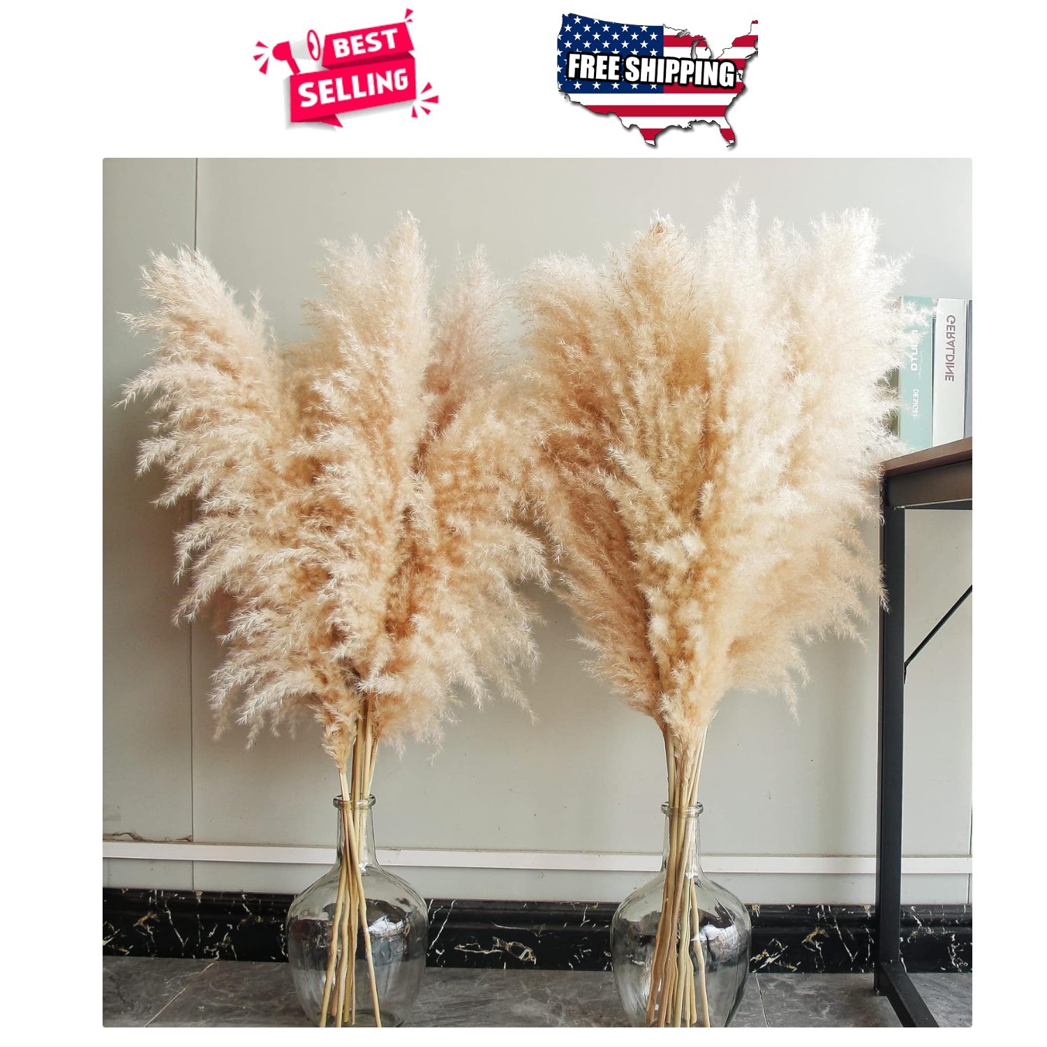 Pampas Grass Decor Tall 40″ Beige 10 Stems Dried Fluffy Boho Home Vase Arrang…