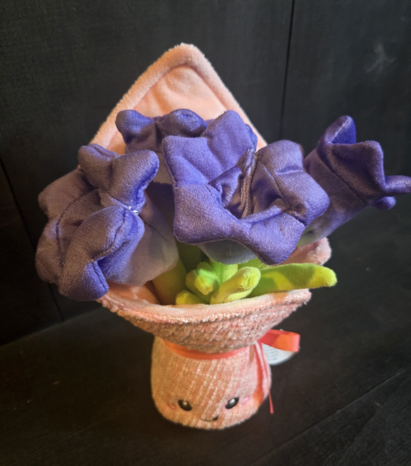 Amusables Bouquet of Flowers Plush Forever Bouquet Purple Blooms Pink Wrap Smile