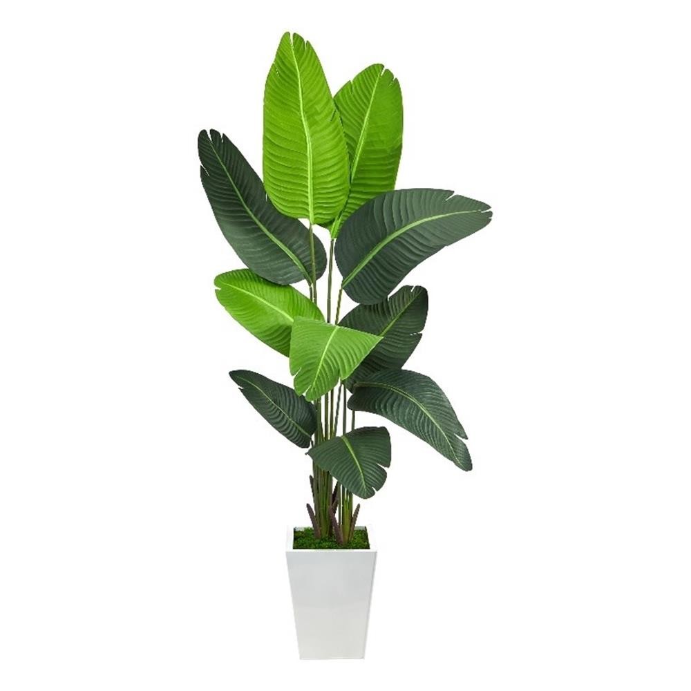 66″ Travelers Palm Artificial Tree in White Metal Planter in Green/White