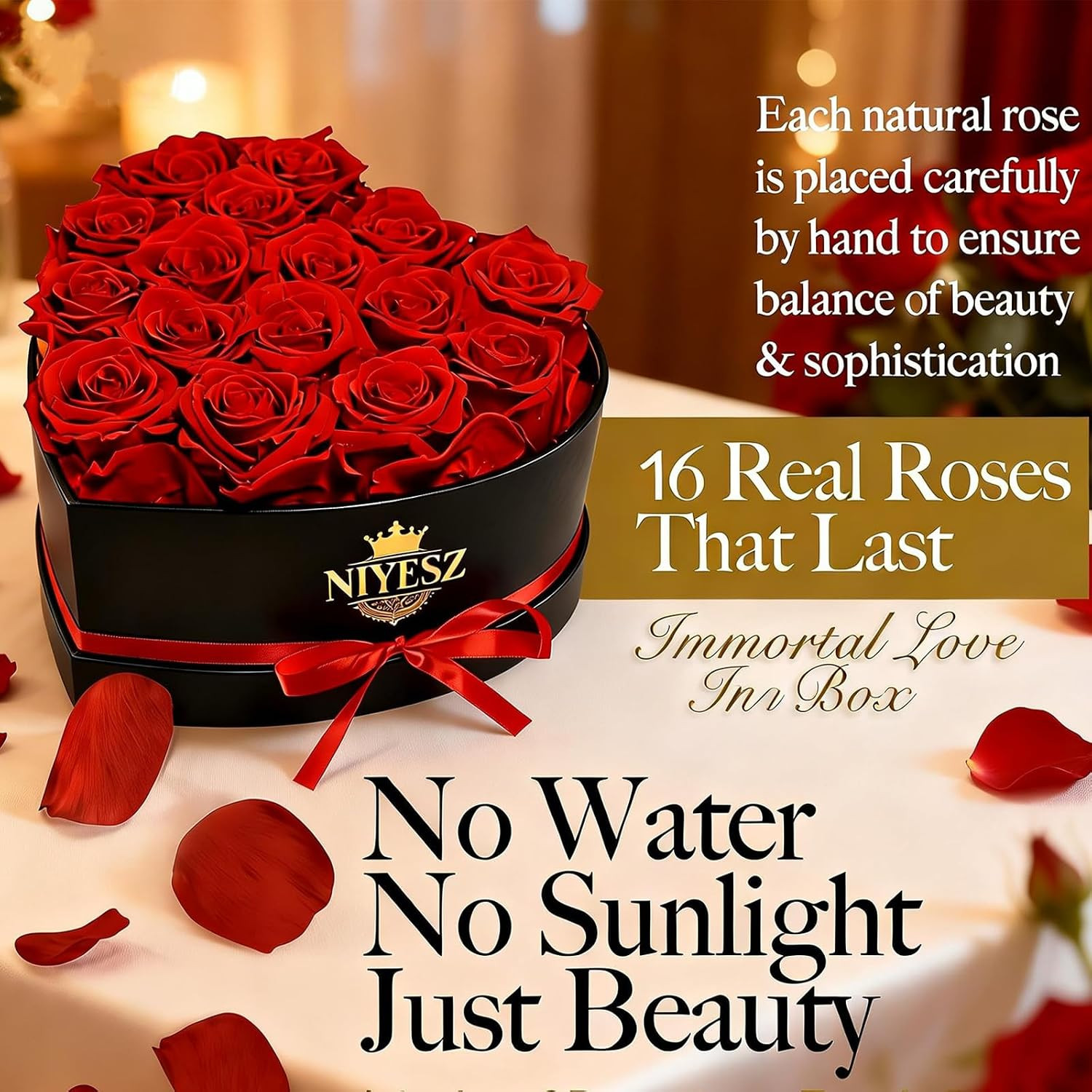 Preserved Forever Roses Heart Shaped Box 16 Real Eternal Flowers Gift | 16 Red