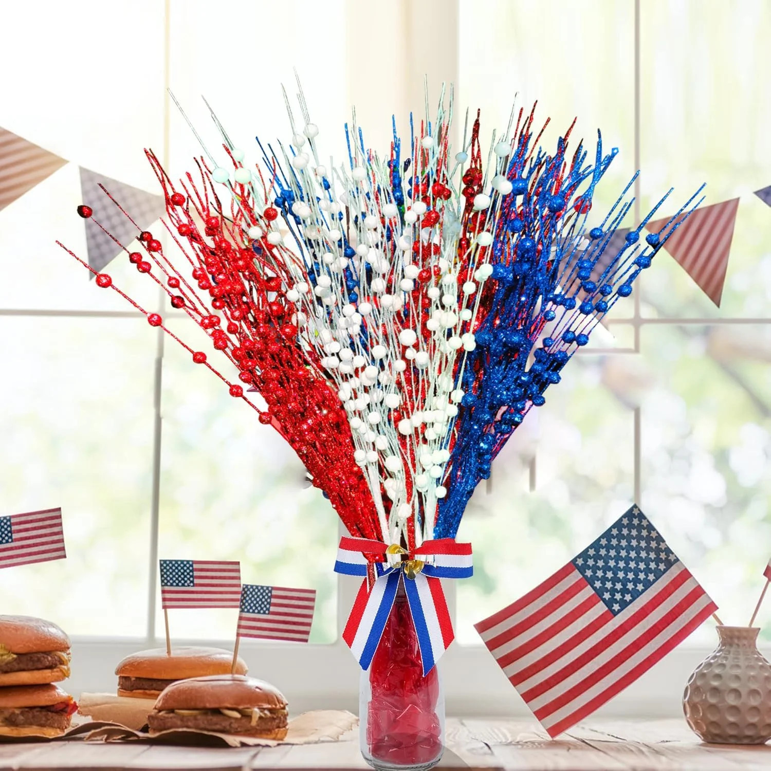 12 Pcs Artificial Patriotic Berry Stem Picks 4th of July White Blue Red Star Pic
