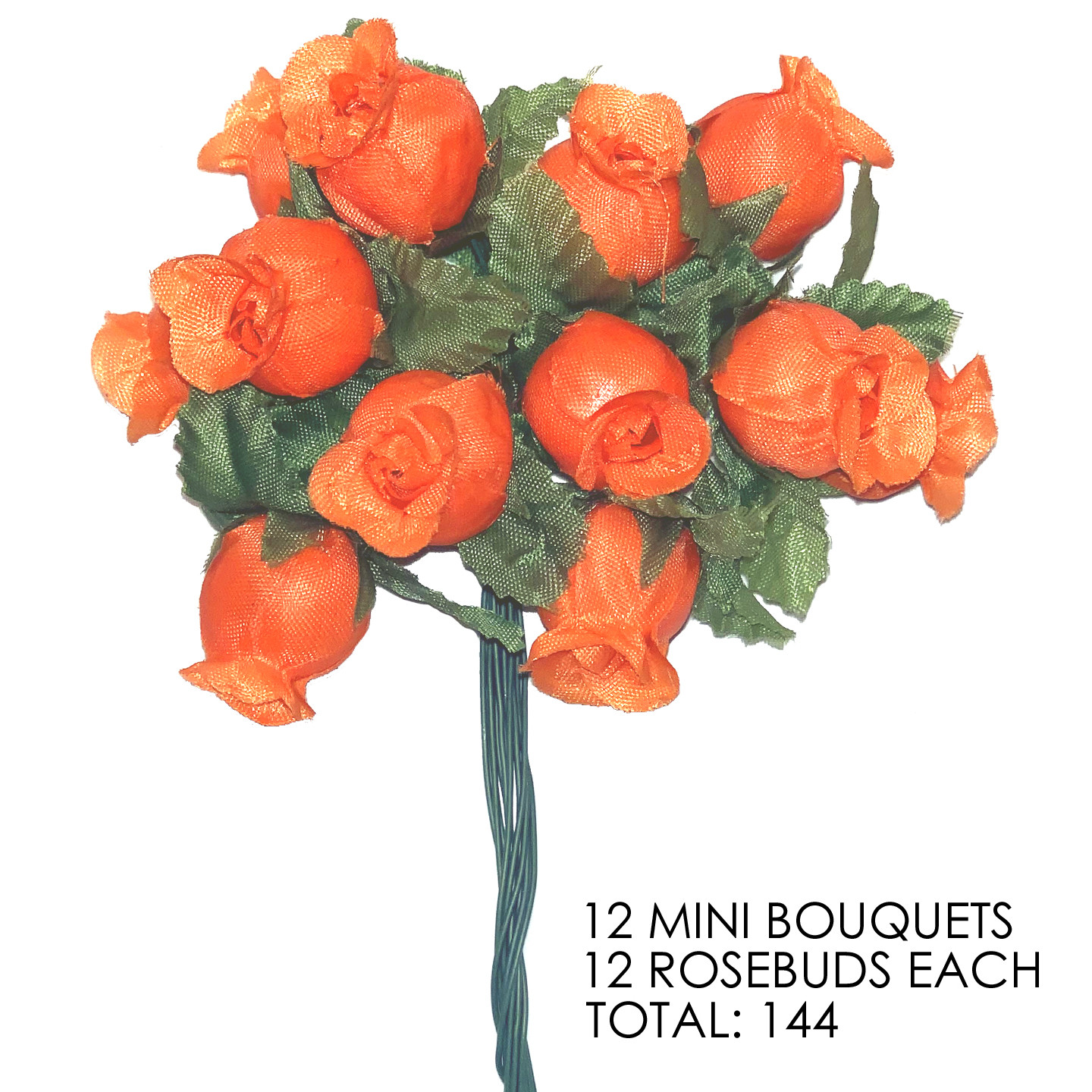 Orange Artificial Silk Flower Roses – 12 Mini Bouquets of 12 Rosebuds, 144 Total