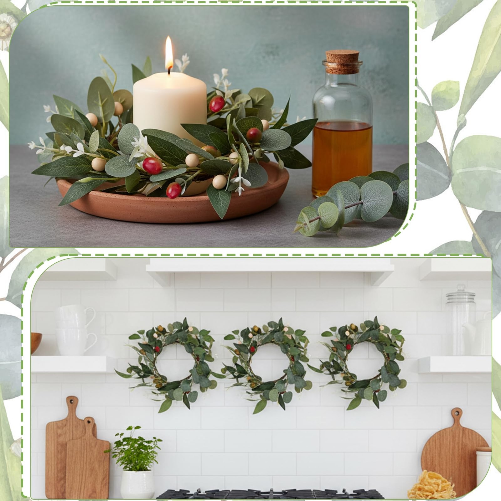 2 Pcs 4 Inch Mini Eucalyptus Wreaths for Candles, Summer Candle Rings with Ol…