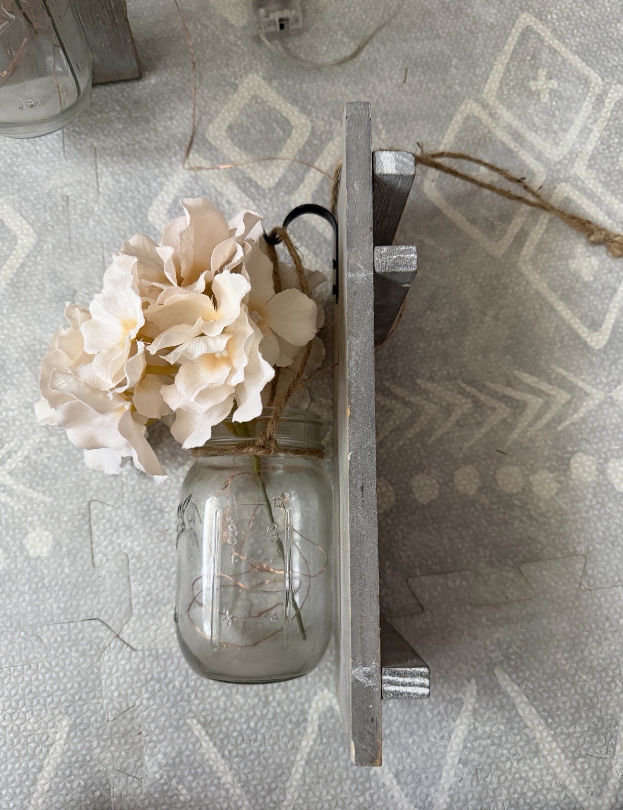 2 Rustic Wall Hanging Mason Jar Vases w/ Artificial White Hydrangea, Gray Wood